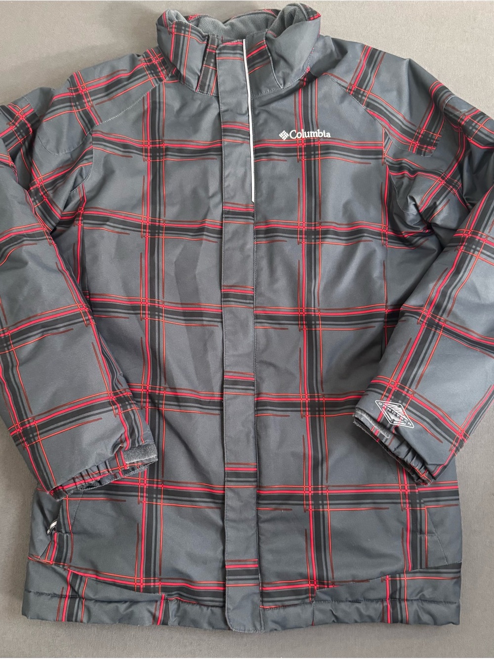 Columbia Kids Ski Jacket | Gray with Red & Black Plaid | Size Large (14/16)
